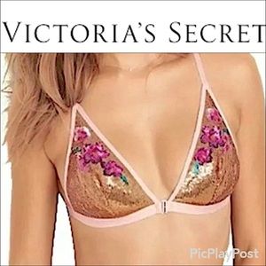 Victoria's Secret Sexy Gold Pink Teal Floral Sequin Clip Bralette HTF RARE NWT S